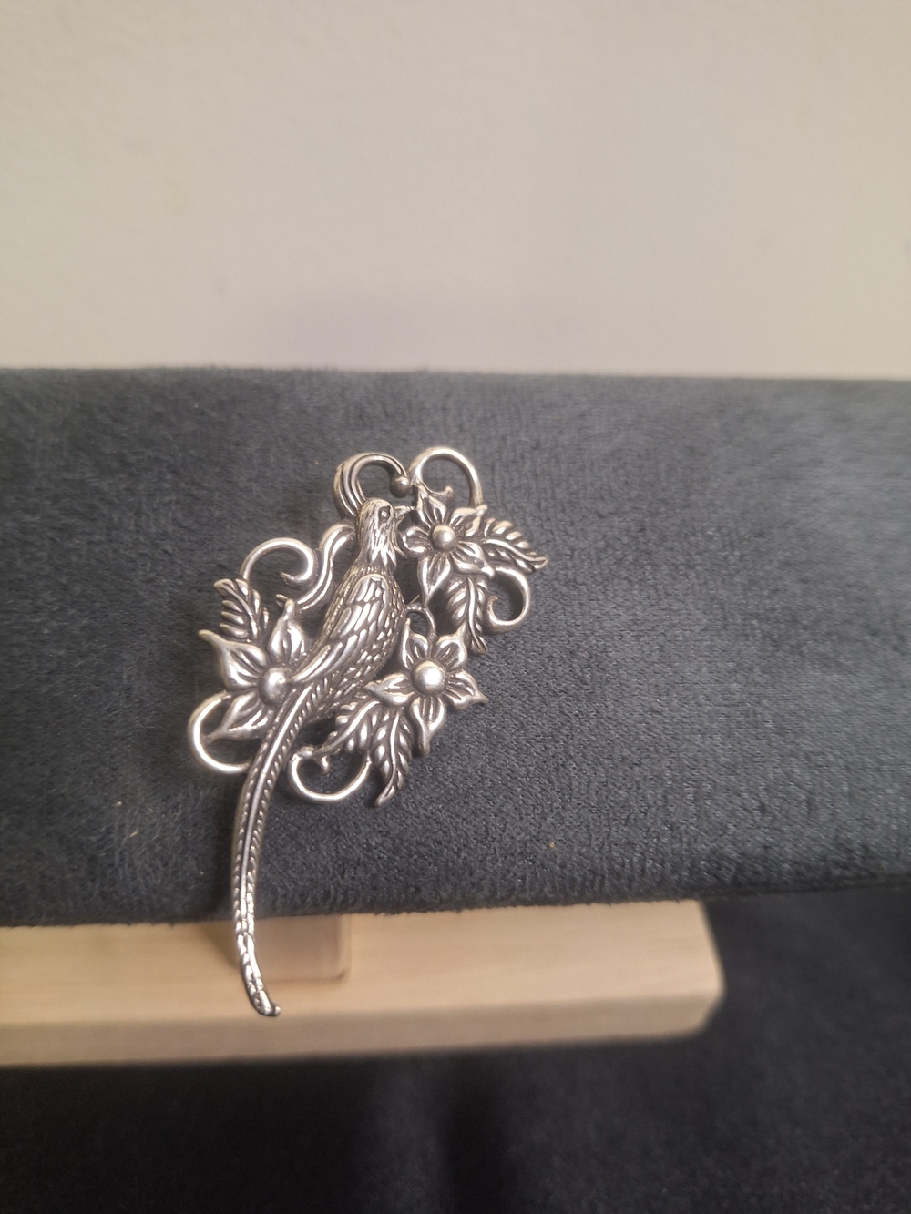 Vintage Silver-Tone Parrot Floral Brooch -